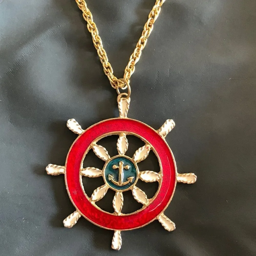 Vintage Chunky Gold Compas White Blue Nautical Costal Necklace USA patriotic
